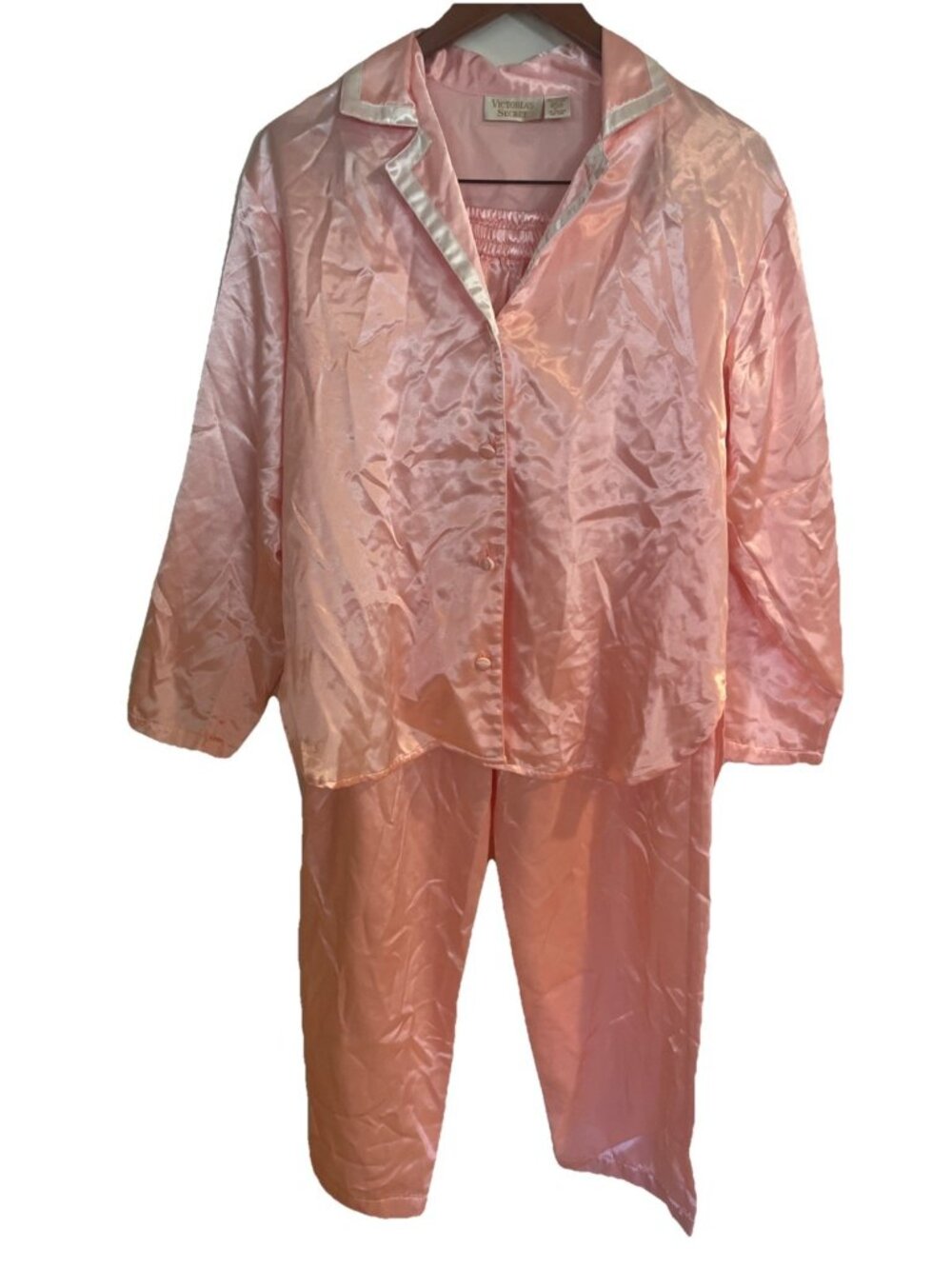 Vtg 90s Victoria's Secret 2 Pc Pink Satin Pajama Set Y2K Size P/SZ Long Sleeve